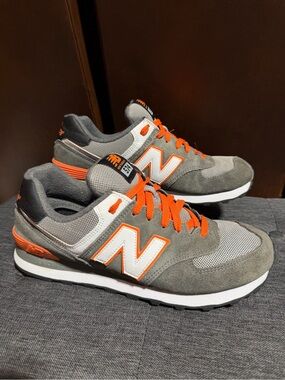 New Balance Gray Suede & Mesh Sneakers with Orange Accents